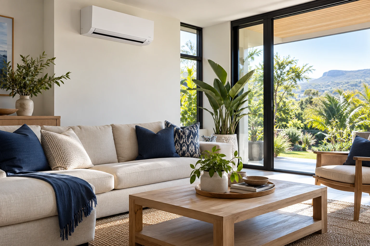 Bright contemporary living room with a wall-mounted air conditioner — illustrative interior