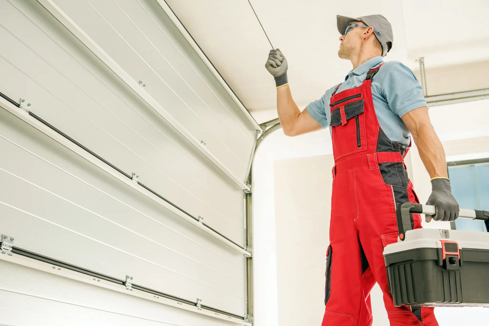 Technician working on a garage door motor